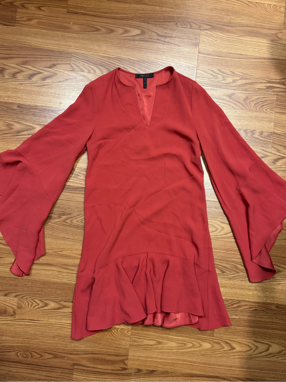 BCBGMAXAZRIA Teegan Red Ruffle Hem Dress XS Flowy Long Sleeve